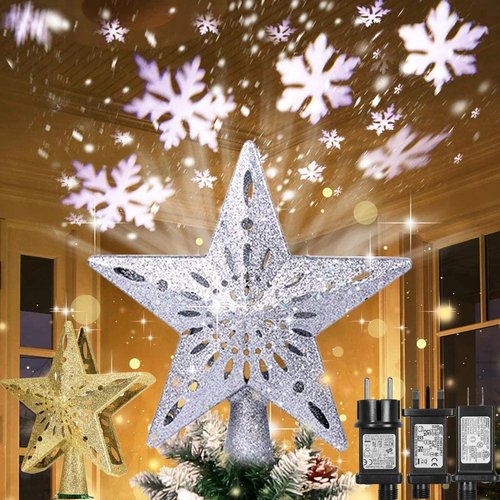 Christmas Tree Topper Decor 3D Glitter Star LED Rotating Snowflake
