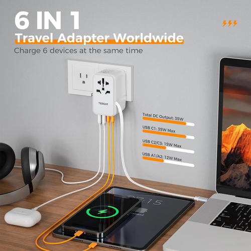 Sb96afe75ed664079ab0c21e5beb19957c.webp TESSAN 35W Universal Travel Adapter with 2 USB 2 Type C Built-in 1 USB - Image 4