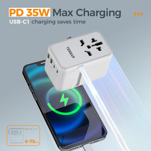 Sdee4e197f19b4f25ab9a93fa7179a1df2.webp TESSAN 35W Universal Travel Adapter with 2 USB 2 Type C Built-in 1 USB - Image 2
