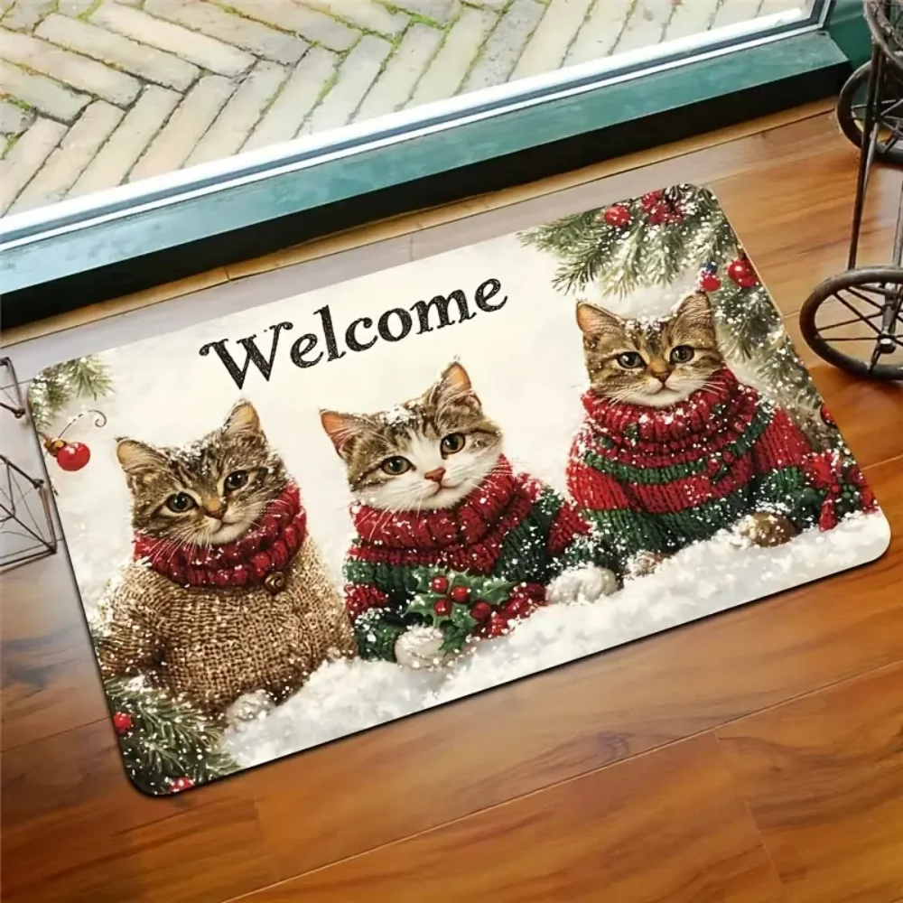 S0712628b1b5a48dfbdfaba3b13e6115dX.webp VIKAMA 3 Cats Christmas Welcome Doormat - Polyester with PVC Backing, Machine Washable Rug for Multi-Room Holiday Decor - Image 1