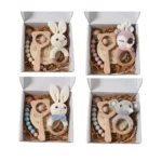 4pcs Newborn Gift Set - Baby crochet rattle Pacifier Clip, Teether, - bunny teether elephant toy photography background set