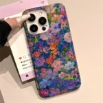 Retro Oil Painting Floral Flower Phone Case For iPhone 16 15 14 13 Pro Max Korean Aesthetics Sequins Shockproof Protective Cover