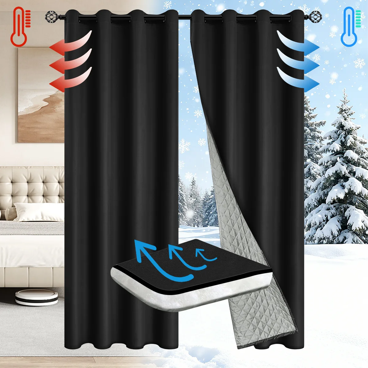 S235052f389054f36a0747f0d6258183eN.webp 1panel 100% Blackout Winter Curtain, Solid Colour Warm Curtains for Living Room, Bedroom, Add Cotton Curtains Grommet Top - Image 1