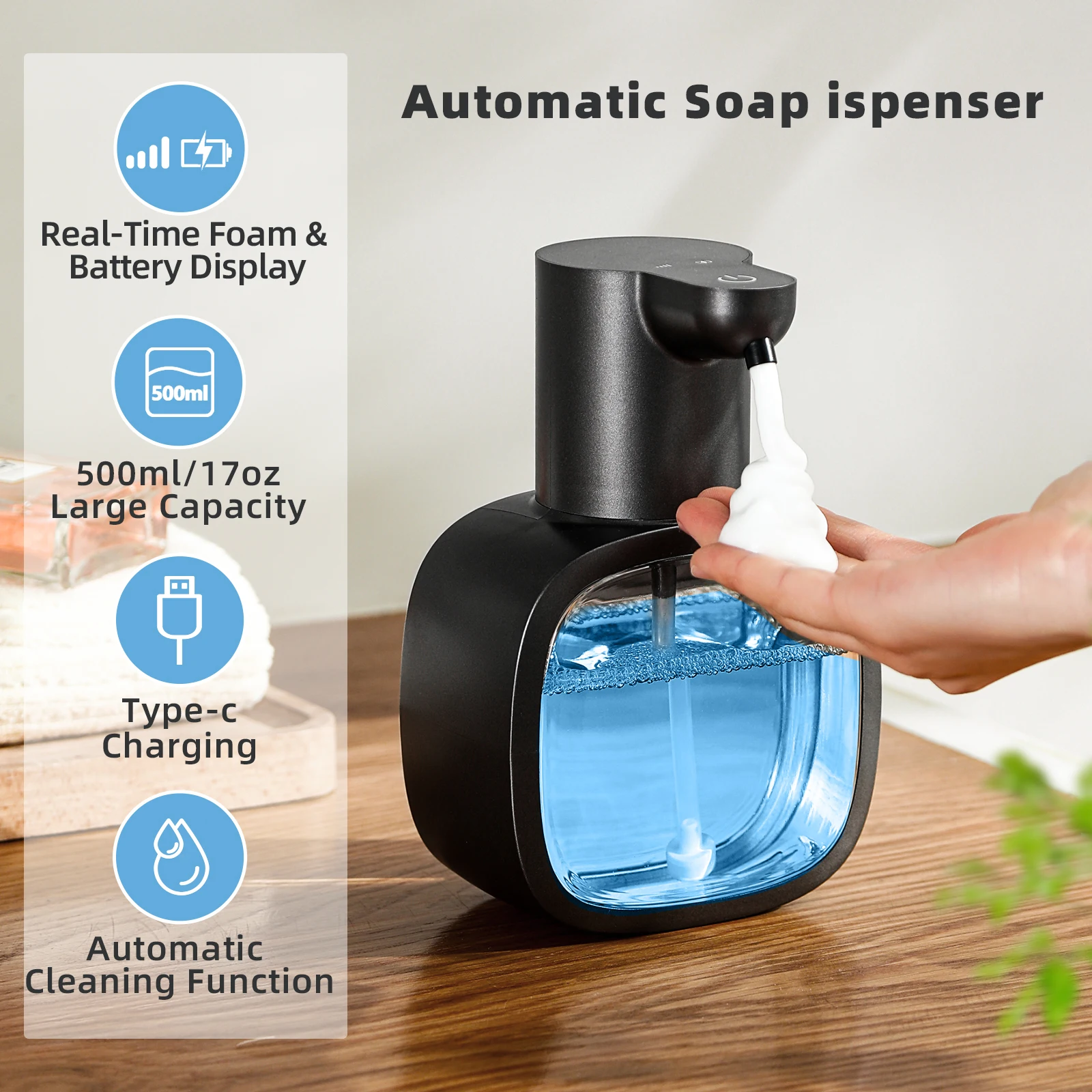 S30d588a1a58f47edaa9859c2496dd479T.webp New Wall Mounted Automatic Soap Dispenser Foam Smart Hand Washing Machine 500ml Liquid Rechargeable Bathroom Induction Sensor - Image 1