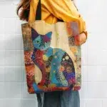 Floral Cat Pattern Tote Bag, Aesthetic Canvas School Shoulder Bag, Lightweight Grocery Shopping Bag - Image 4