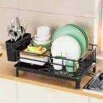 Metal Dish Draining Rack with Drain Tray and Drip Line | Cup Holder and Cutlery Holder Kitchen Countertop Storage Rack | All-in-One Drying Rack Organiser for Kitchen Sink