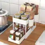 Double-Layer Pull-Qut Kitchen Storage Rack, Non-Slip, Stable, Multi-FunctionalStorage Box with Five Hooks, under Sink Brush - Image 3