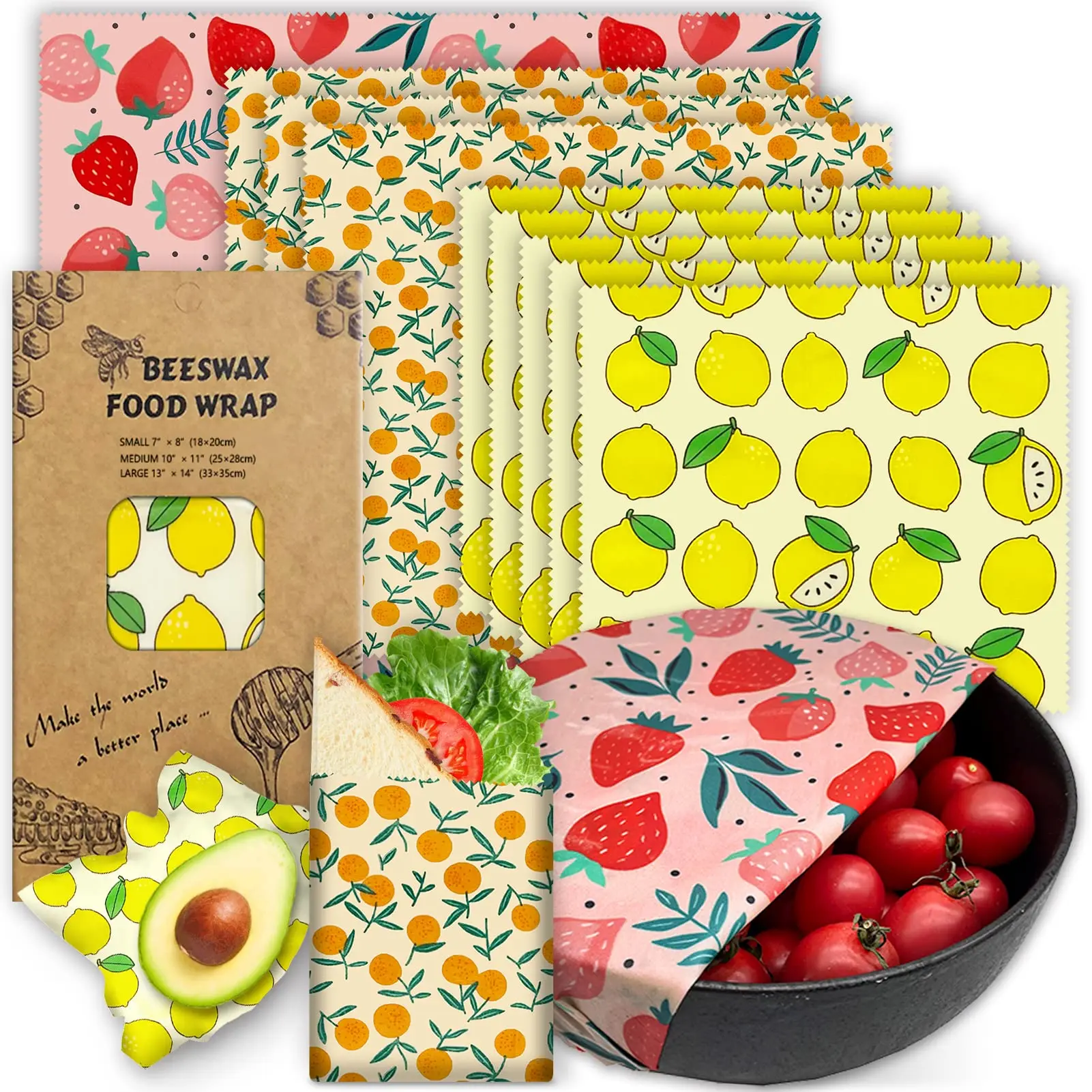 S88a57e7b3f3a40a184a28ef9e01859733.webp 3PC/SET Beeswax Food Wraps Reusable Environmental Organic Cotton Wax Cloth Replace Household Plastic Wrap Washable Lemon Pattern - Image 1