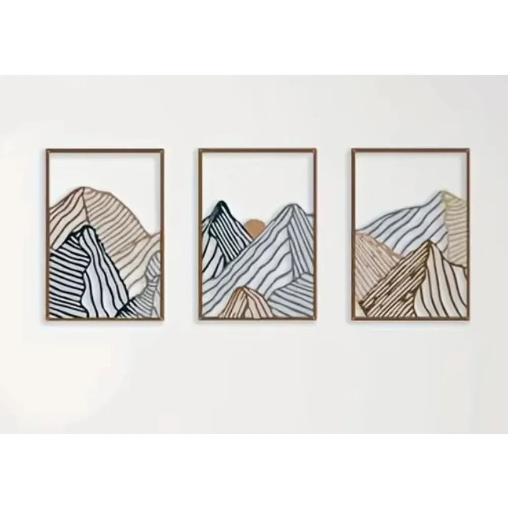 Sb6cc060f50eb4c399959fc563ef84650Z.webp ModernPeak 3-Piece Metal Wall Art Set | Mountain Landscape, Square Hollow Design, Ideal for Living & Bedrooms - Image 1