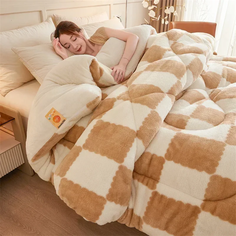 Sc7b935bff12c4ad2b504159432aece5fL.webp Checkerboard Super Thick Winter Warm Blankets Soft Fluffy Duvet Comforter Warmth Artificial Lamb Cashmere Quilt Weighted Blanket - Image 1