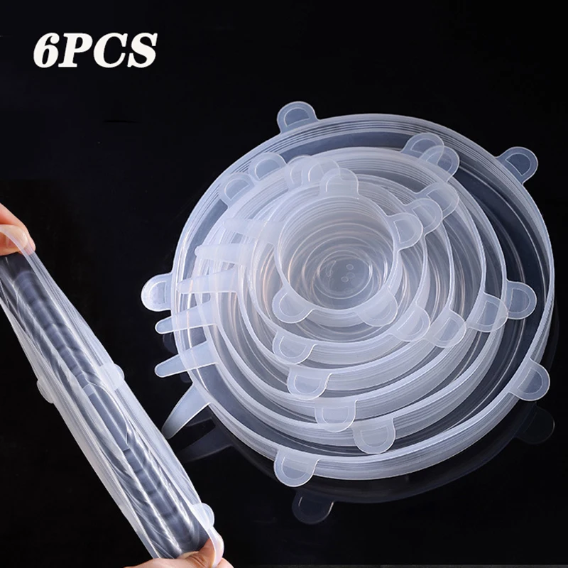 Sd50ad10c8b3549a8a21a195e9bf0fcffm-1.webp 6PCS Food Cover Adjustable Elastic Silicone Cap Reusable Kitchen Utensil Storage Airtight Food Packaging Lids Accessories - Image 1