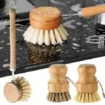 Natural Bamboo Kitchen Cleaning Brush with Draining Storage Tray | Eco-Friendly Dish Pot Pan and Sink Scrubber | Zero Waste Wooden Hand Brush for Kitchen and Bathroom