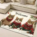 VIKAMA 3 Cats Christmas Welcome Doormat - Polyester with PVC Backing, Machine Washable Rug for Multi-Room Holiday Decor - Image 2