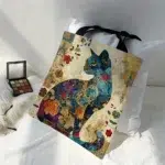 Floral Cat Pattern Tote Bag, Aesthetic Canvas School Shoulder Bag, Lightweight Grocery Shopping Bag - Image 3
