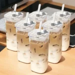 6-Piece Square Glass with Lid - Portable Drinking Mug and Coffee Mug with Lid/Straw - Christmas, Halloween, Holiday Gifts