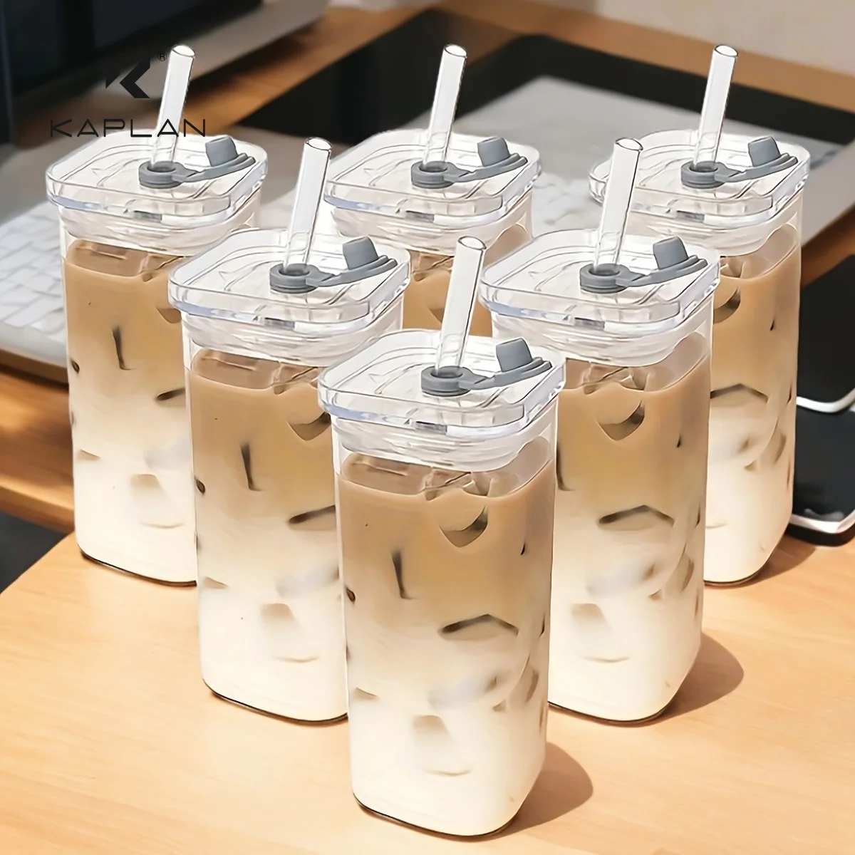 Sf8fbd84718f04ebeabdb5290c9cda8c2b.webp 6-Piece Square Glass with Lid - Portable Drinking Mug and Coffee Mug with Lid/Straw - Christmas, Halloween, Holiday Gifts - Image 1