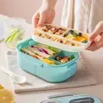 Eco Wheat Straw Bento Lunch Box with Handle – 3-Compartment Portable Meal Container (Microwave-Safe) - Image 4