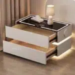 Nordic Decor Nightstand | LED Smart Storage Charging Speaker with 2 Drawers – Modern Pine Wood Bedside Table