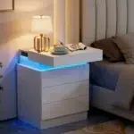 3-Drawer Wooden Nightstand with Charging Station | Bluetooth Light, UK Plug, 2AC+2USB Power Outlet for Bedroom & Living Room