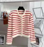 Women’s Stripe Knitted Cardigan – O-Neck Single Breasted Long Sleeve Crop Top, Casual Chic Sweater for Spring & Autumn - Image 4
