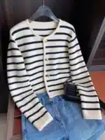 Women’s Stripe Knitted Cardigan – O-Neck Single Breasted Long Sleeve Crop Top, Casual Chic Sweater for Spring & Autumn - Image 7