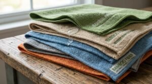 Close-up detail shot of 5pcs Magic Kitchen Dinning Household Bamboo Fiber Cleaning Rags Dish Cloth Washing Towel Scouring Pad highlighting quality build
and key features, macro photography style.