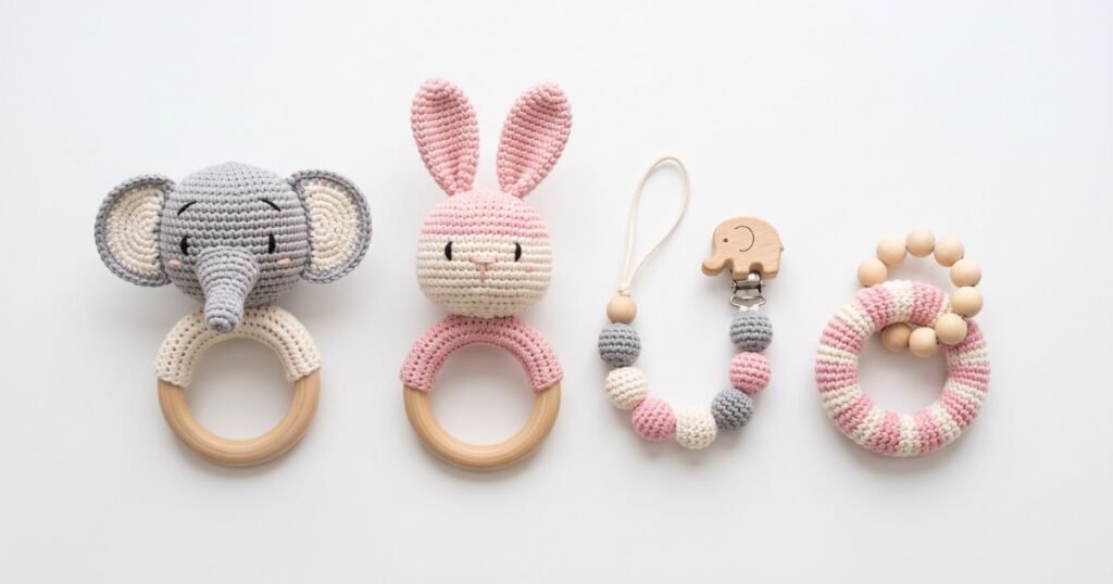 4pcs newborn gift set baby crochet rattle pacifier clip teether bunny teether elephant toy photography background set review