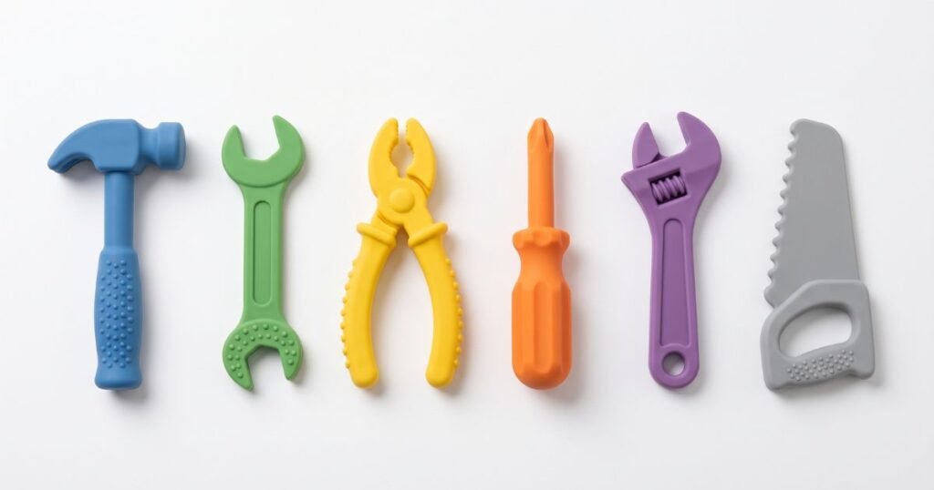 6pcs hammer spanner pliers tool teether boilable soft silicone baby baby biting gum music teething stick anti eating hand review