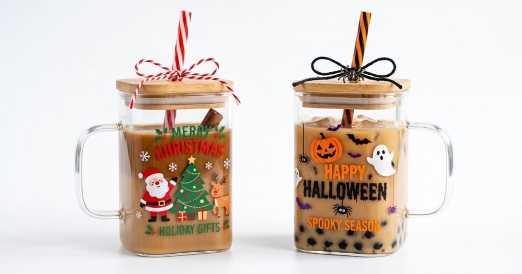 piece square glass with lid portable drinking mug and coffee mug with lid straw christmas halloween holiday gifts review